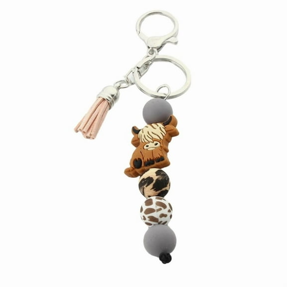 Highland Cow Keychain Cartoon Animal Pendant Keyring Fashionable Silicone Bead Key Rings Ornament for Backpack and Phone