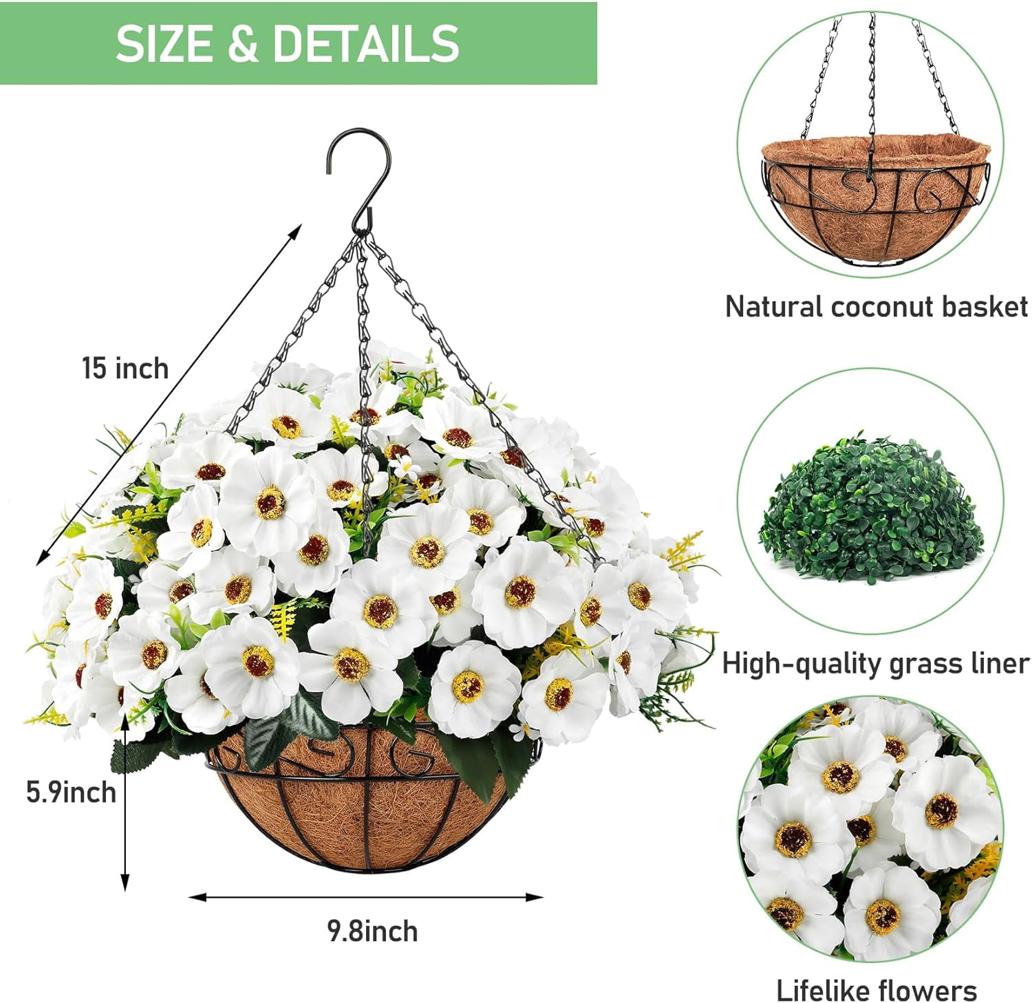 Artificial Fake Hanging Flowers with Basket, Faux Silk Morning Glory Flower Arrangement for Spring Summer Decor, Hanging Plant for Patio Garden Porch Outdoor Decor