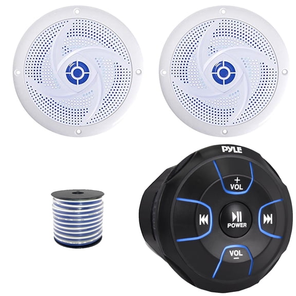 Pyle PLMRBT18 Bluetooth Audio Amplified Marine Waterproof Controller, Pyle PLMRS5WL 5.25" 180W Max Power 2-Way Low Profile Slim Style Blue LED Boat White Speakers (1 Pair), 50 Feet 18G Speaker Wire