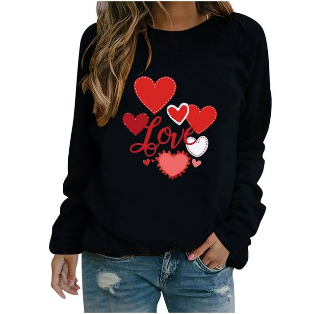 Amzcrzy Valentines Chandails de la Saint-Valentin pour Femmes Mode T-Shirt Graphique Cœur d'Amour Hauts Décontractés Confortables Col Rond Hauts de Printemps Été Classiques Polyvalents Manches Longues T-Shirts