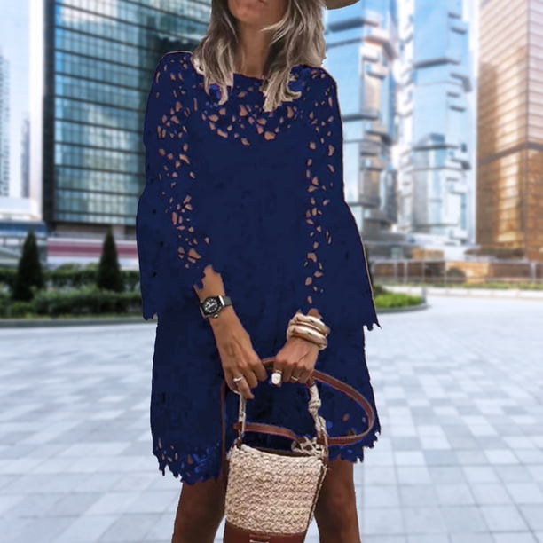 Vestido De Las Señoras Vestido elegante floral de encaje Vestidos de verano europeos para mujer Transpirable para vacaciones Kuymtek para Mujer Azul marino T L