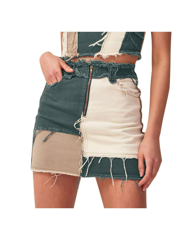 Women's Stretch Tight-fitting Hip Stitching Hem Ripped A-Line Denim Short Skirt Wrap Button Front Asymmetrical Jean Denim Skort Skirts Wyongtao Deals
