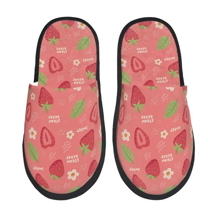 Balery Strawberry Floral Slient Indoor Furry Fleece Comfort House Shoes Soft Non-Slip Home Shoes Cotton slippers House Slippers-- Large