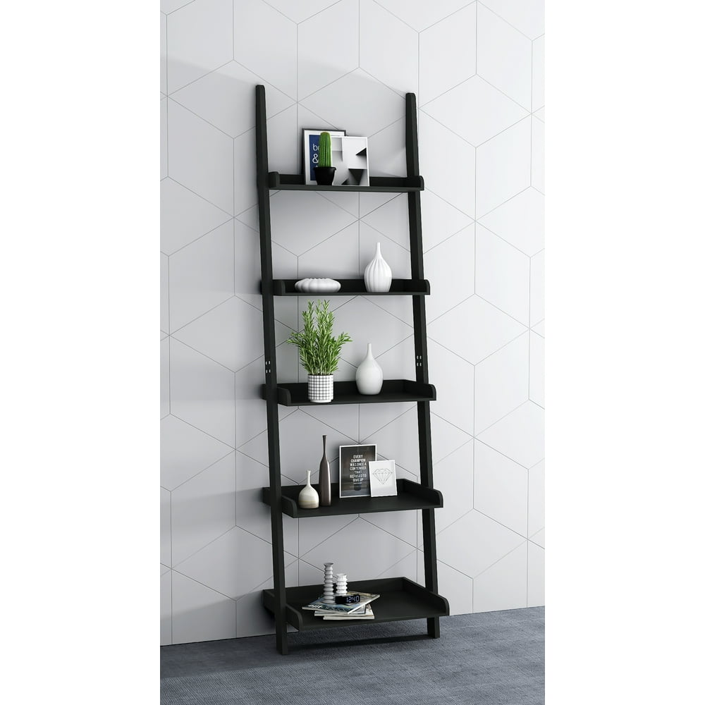 5 Tier Leaning Wall Bookcase Shelf in Black