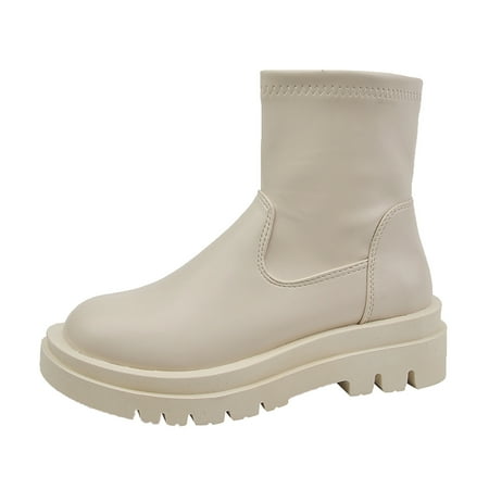GEWSEY Women Boots Women s Flats Mid Calf Boots-Retro Non Slip Shoes For Women Winter Waterproof Boots For Women White 7