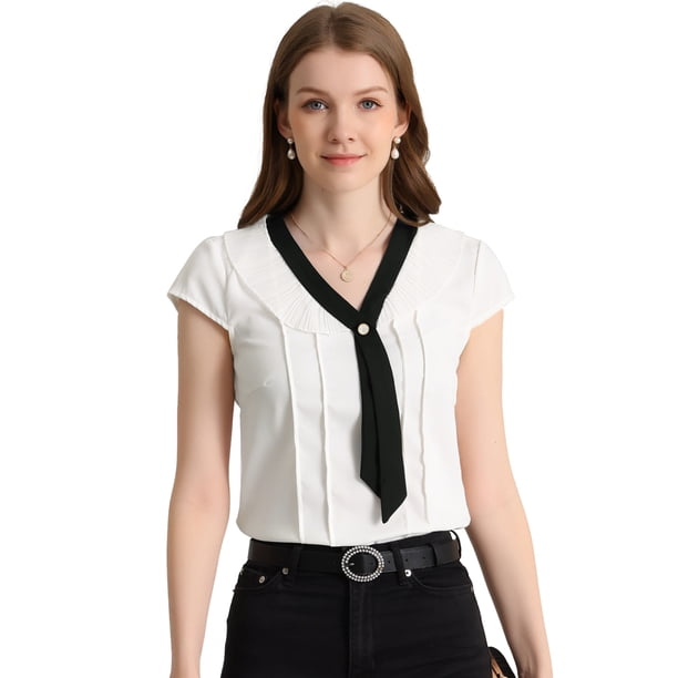 Top plisado Allegra K de oficina con cuello En V y manga Casquillo para Mujer Blanco S