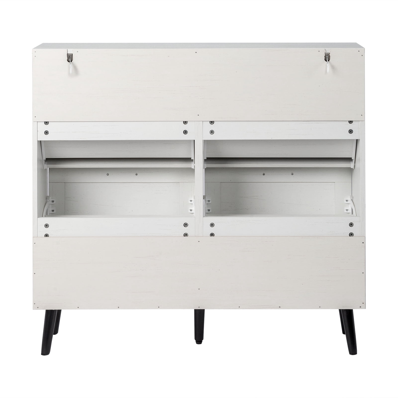 AsterOutdoor Barn Door Shoe Cabinet 4 Flip Top Compartments Triple Amine Laminated Particle Board Solid Wood Legs, Rustic White