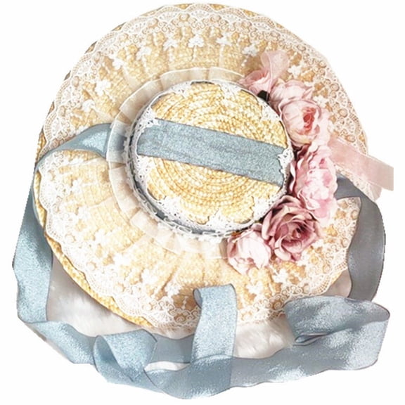 Sweet Tea Party Bonnet Lolita Flower Ribbon Sunshade Straw Hat Lace Sun Hat Vintage Flowers Flat Hat Pastoral Style Straw Hats
