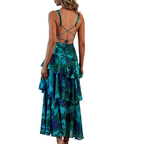 Women's Tiered Dresses Flowy V Neck Sleeveless Dresses with Ruffle Hem Summer Floral Print Maxi Sundress Formal Wedding Guest Green S