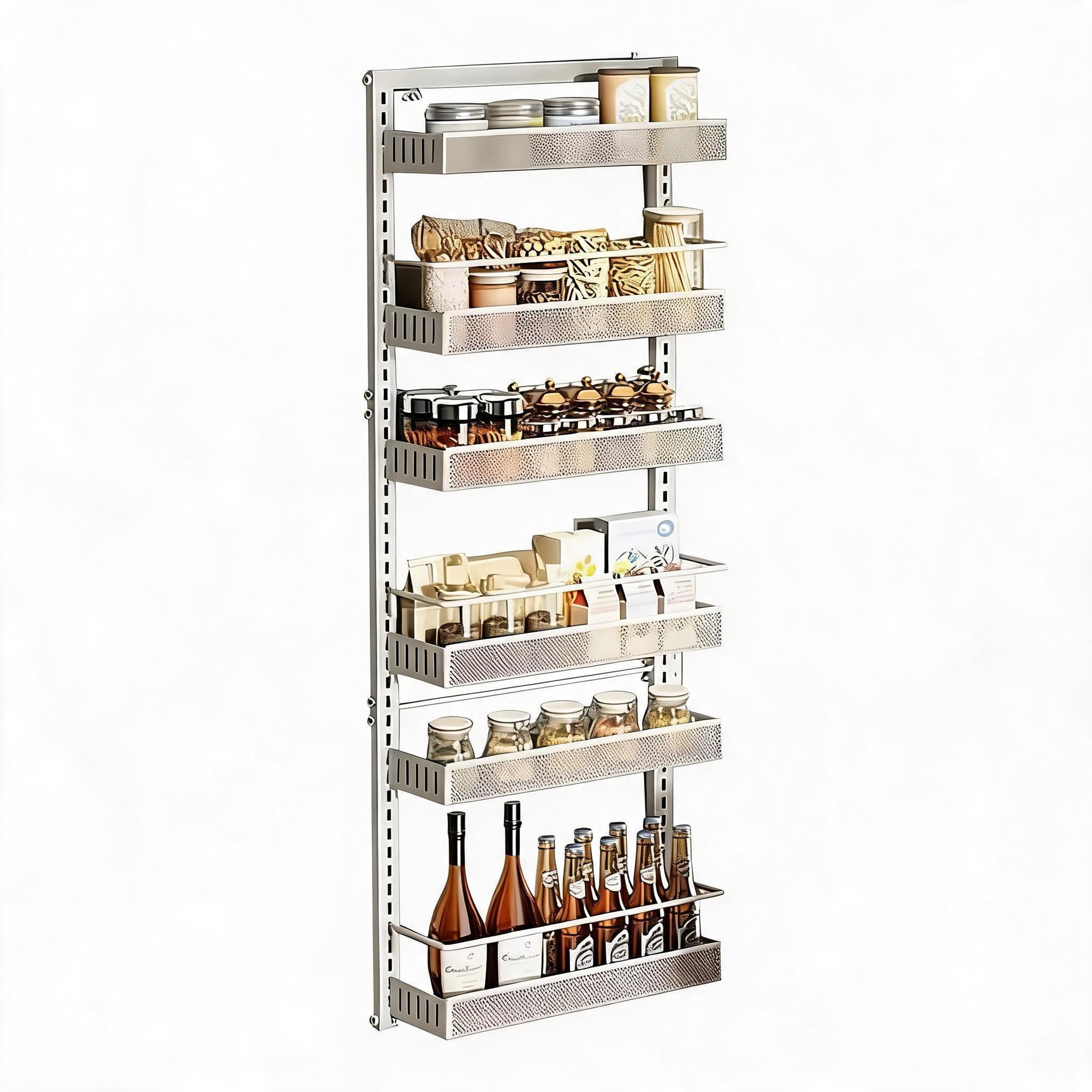 GOCAPTAIN 6-Tier Heavy Duty Adjustable Metal Spice Rack, Wall Mount or Over-the-Door Pantry Organizer, Large Capacity Kitchen Storage for Cabinets, Drawers and Accessories – White