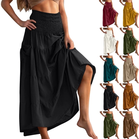 Women Cotton Skirts Bohemia Elastic Wide Waist Summer Casual Beach Vacation Plain Loose Maxi Skirts with Two Pockets Black S-XL