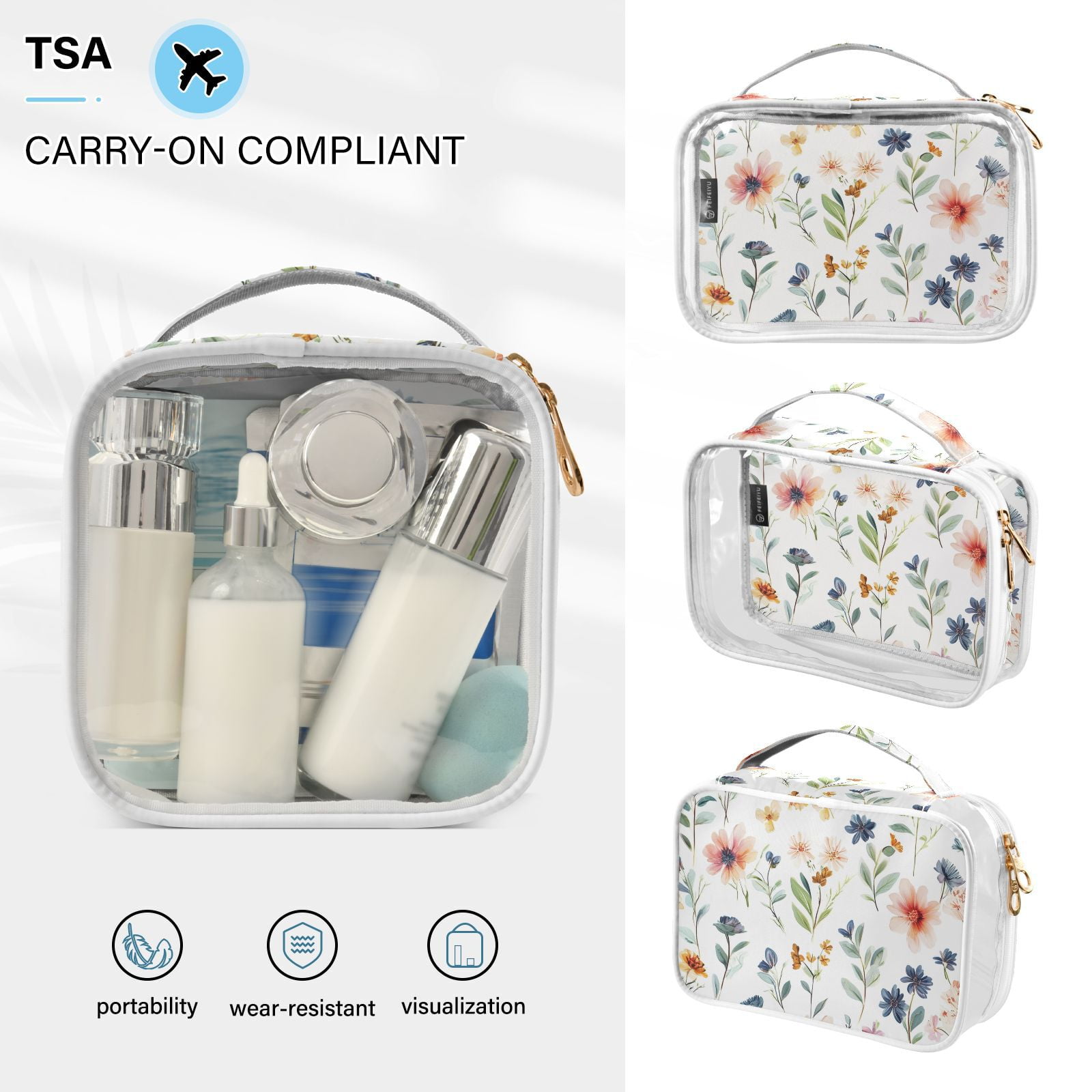 Clear Makeup Bags with Handle Large Opening 2 Pack Set Toiletry Bag Quart Size Bag, for Women Man Traveling Travel Essentials, Toiletries and Other. Flower Plants