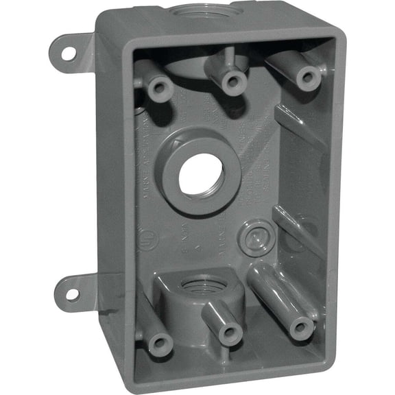 Southwire Single Gang 1/2 In., 3/4 In. 3-Hole Gray Weatherproof PVC Junction Box