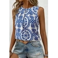 thumbnail image 3 of Women's Blue Vintage Print Pintuck Crew Neck Tank Top - Bohemian Style - [ZhiHiMeRi] | (US 12-14)L, 3 of 12