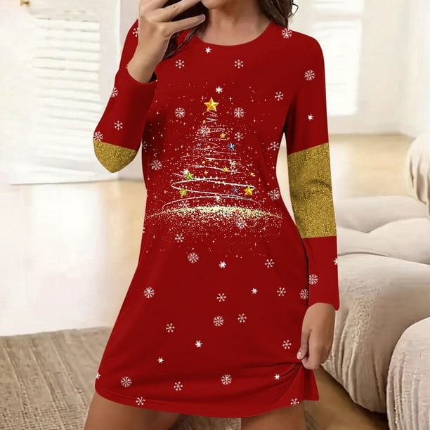 Camisón corto holgado y cómodo con cuello redondo y manga larga estampado para mujer