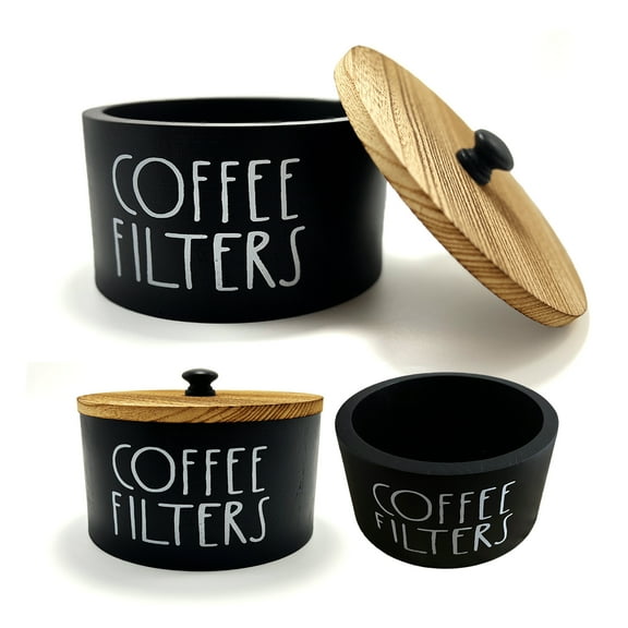 Wooden Coffee Filter Holder with Lid, Rustic Coffee Filter Storage Container for Cone & Basket Filters, Farmhouse Coffee Bar Organizer & Decor for Kitchen Countertop or Coffee Station