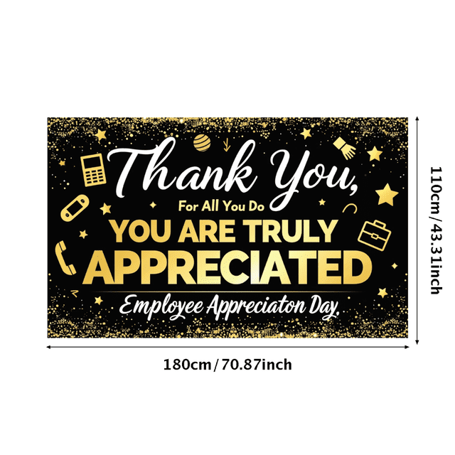 Black Background Banner with Gold Glitter Elements Thank You Message Employee Appreciation Day Banner Party Decorations Photography Props Backdrop Decors
