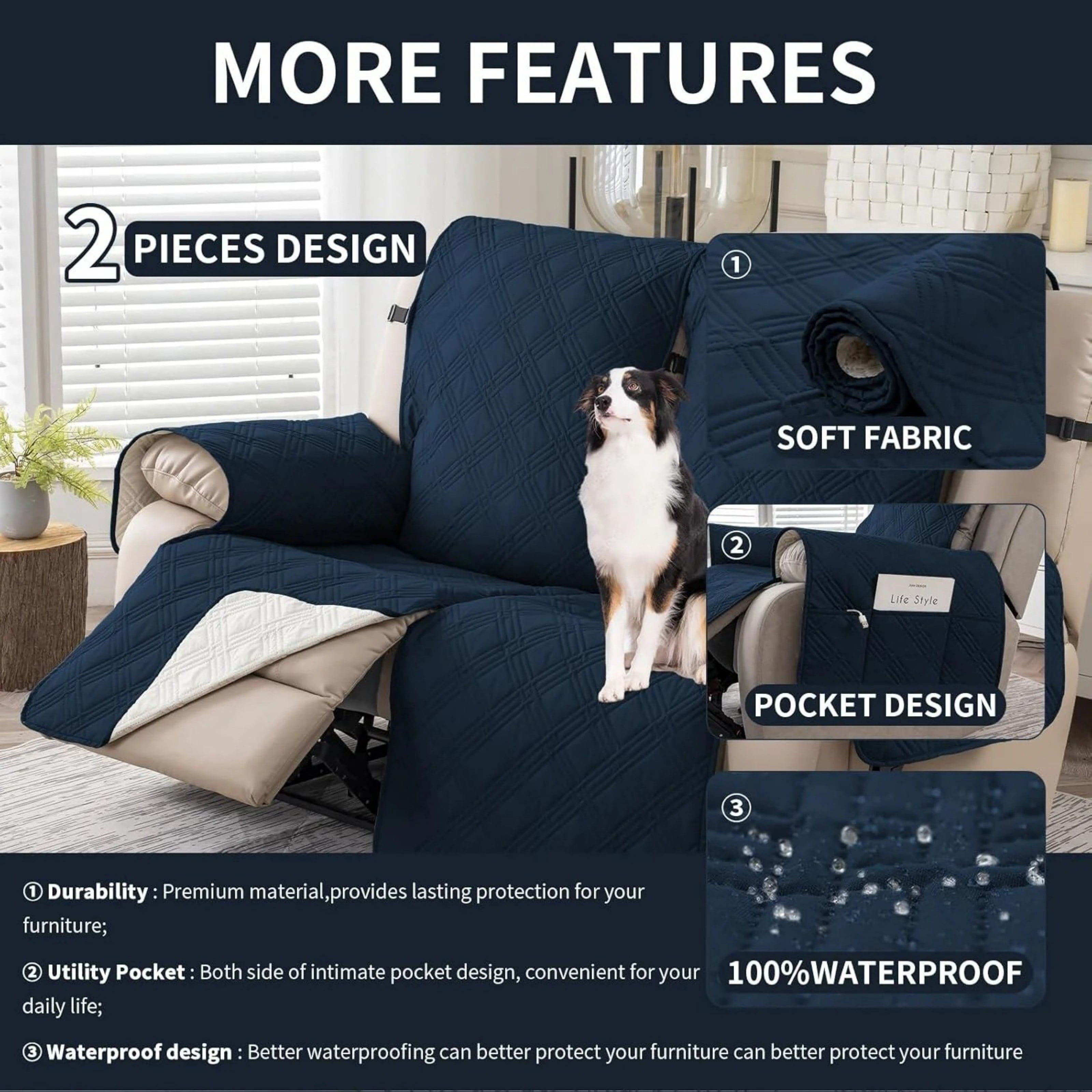 Lavish Cover 100% Waterproof Recliner Loveseat Cover, 2 Pieces Non-Slip Recliner Couch Slipcovers, Washable Furniture Protector with Pockets & Elastic Straps for Kids Pets, 2 Seaters, Dark Blue
