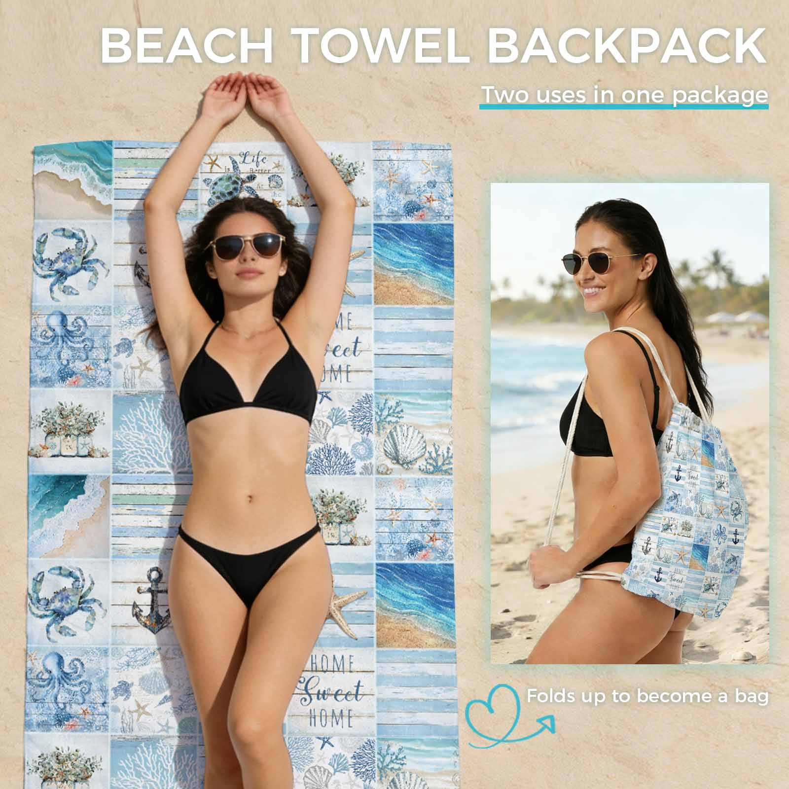 Beach Towel Bag 2 in 1 Anchor Marine Life Bath Pool Towels Backpack Ocean Beach Blue Plaid Absorbent Beach Towel Soft Quick Dry Lightweight Towels Drawstring Bag for Travel Camping Sports Picnic