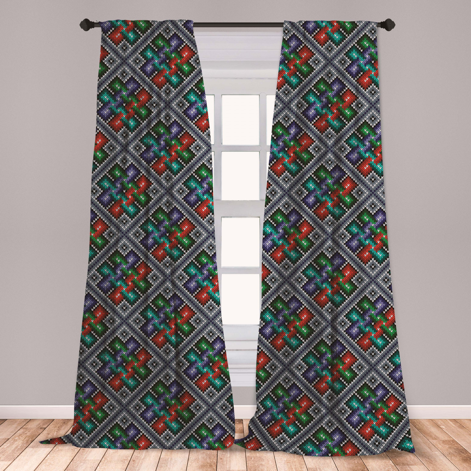 Ethnic Curtains 2 Panels Set, Traditional Folk Pattern in Knitting Form