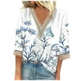 thumbnail image 2 of Hauts à Manches 3/4 pour Femmes Mode Été T-shirt Décontracté à Col en V Imprimé Manches 3/4 pour Femmes en Liquidation, 2 of 5