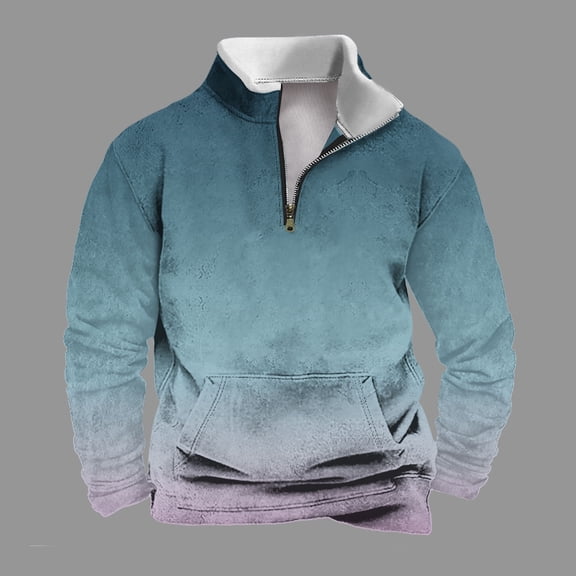 Blczomt Winter Big and Tall Sweatshirt Casual Pullover Sweatshirt Long Sleeve Blue Gradient Half Zip Men's Clothing