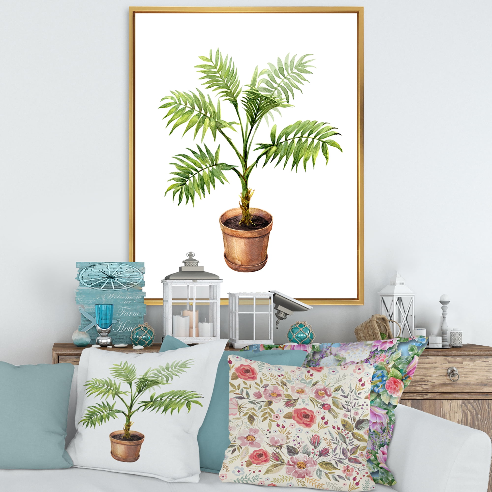 Designart 'Palm Plant In Clay Flowerpot' Traditional Framed Canvas Wall Art Print