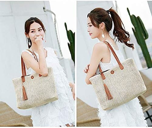 LinYooLi Women Straw Crochet Tote Bohemian Summer Beach Bag Large Handmade Shoulder Bag