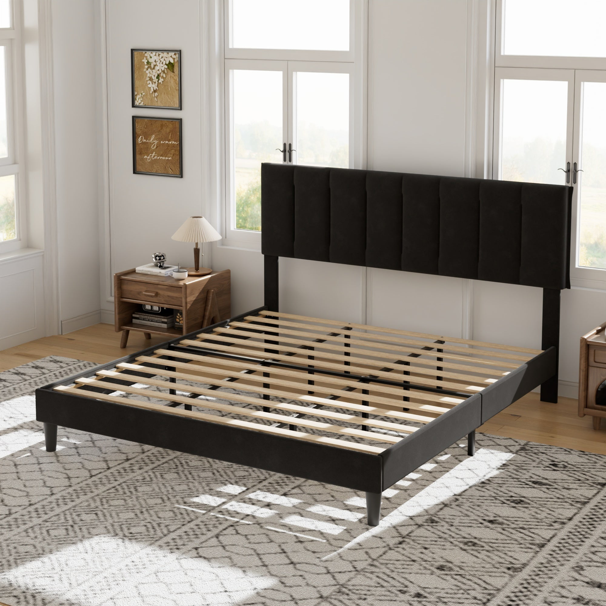 VECELO King Size Upholstered Bed Frame Black Metal Frame Bed with Adjustable Headboard Wood Slat No Box Spring Needed/Easy Assembly,Black