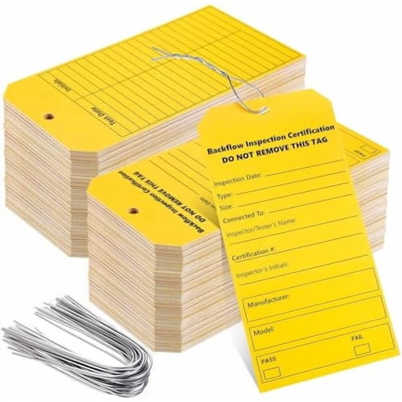 100 Sets Backflow Preventer Inspection Tags with Wire Tie Writable Plastic Tags Double-Sided Printing Pre-Punched Holes for Backflow Test Outdoors Car Garage Storage Box Equipment Parts