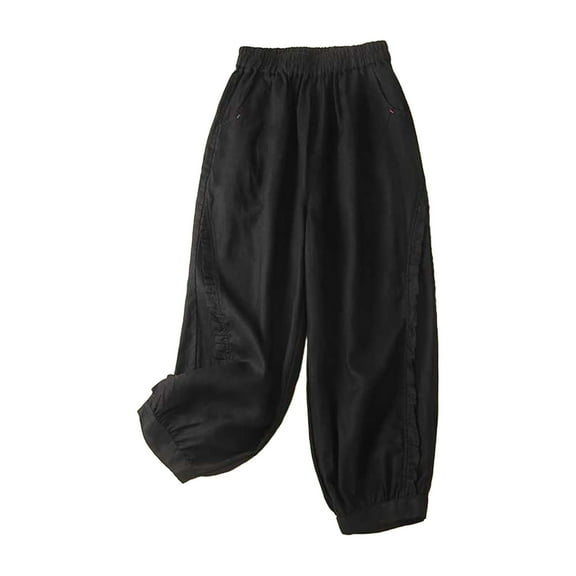 gbyLJF Womens Cotton Linen Pants Trendy Ruffle Trim Loose Fit Elastic Waist Pants Work Casual Pants with Pockets A01_Black XL