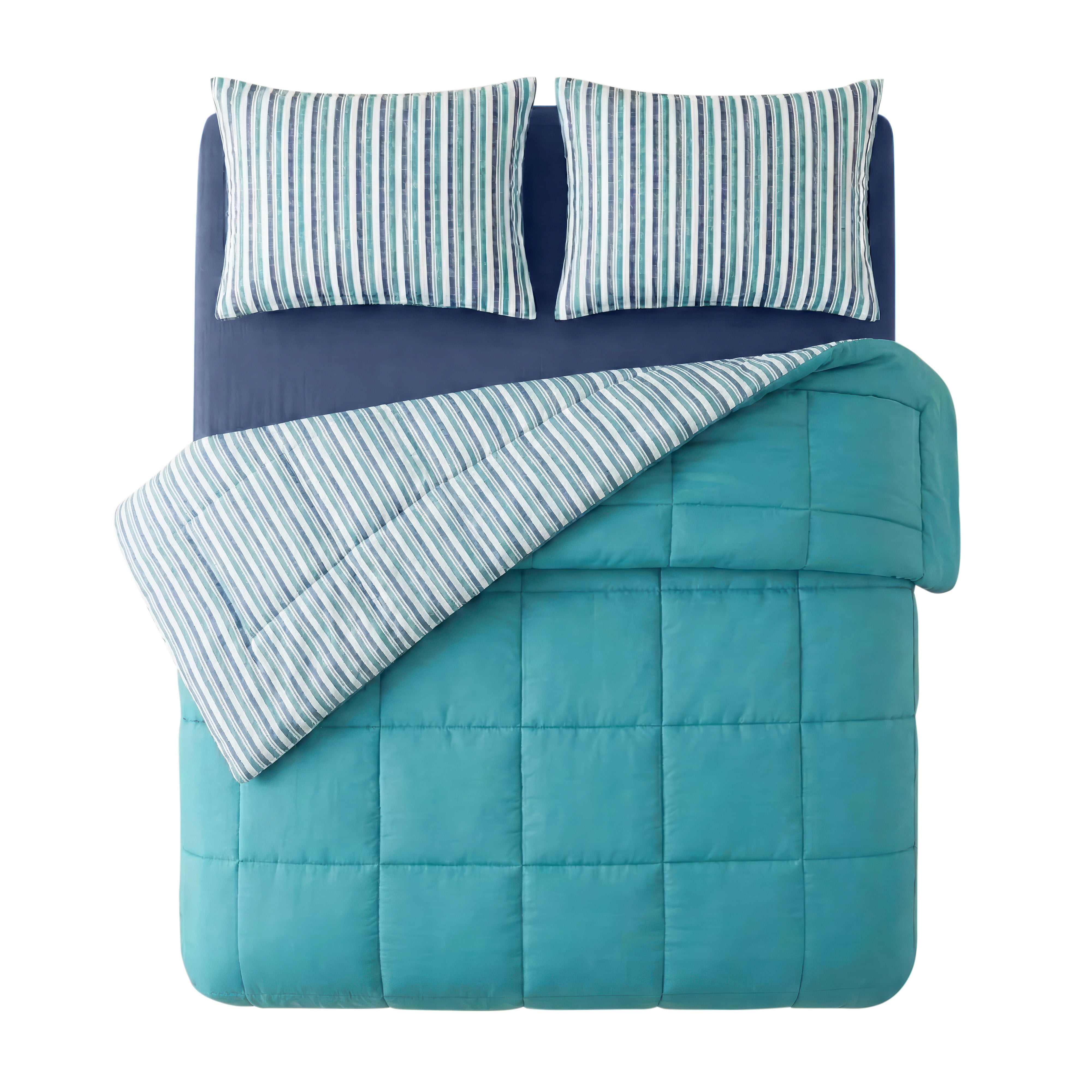 Mainstays All in One Reversible Comforter and Sheet Set- 7 Piece, King, Blue Pinstripe