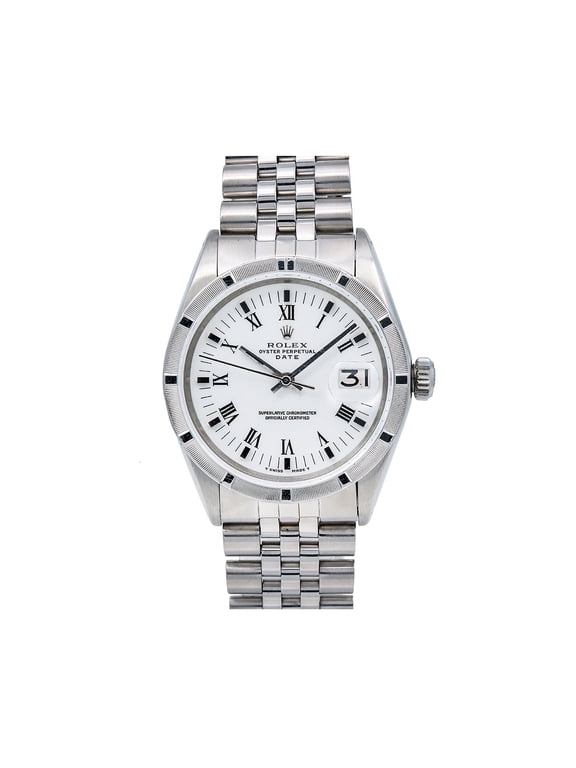 Pre-Owned Rolex Date 34MM 15010 White Roman Dial Engine Turned Bezel Stainless Steel Jubilee Bracelet