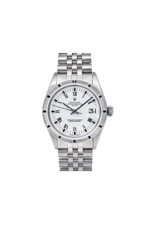 Pre-Owned Rolex Date 34MM 15010 White Roman Dial Engine Turned Bezel Stainless Steel Jubilee Bracelet