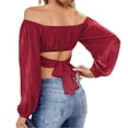 thumbnail image 3 of Solid Color Long Sleeved Women Off Shoulder Crop Tops Sexy Blouse, 3 of 5