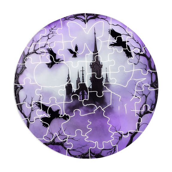 ZZAIXHL 7.09in Halloween Stained Glass Suncatcher Puzzles Window Hanging Ornament Spooky Purple Forest Decor for Home Party Gift