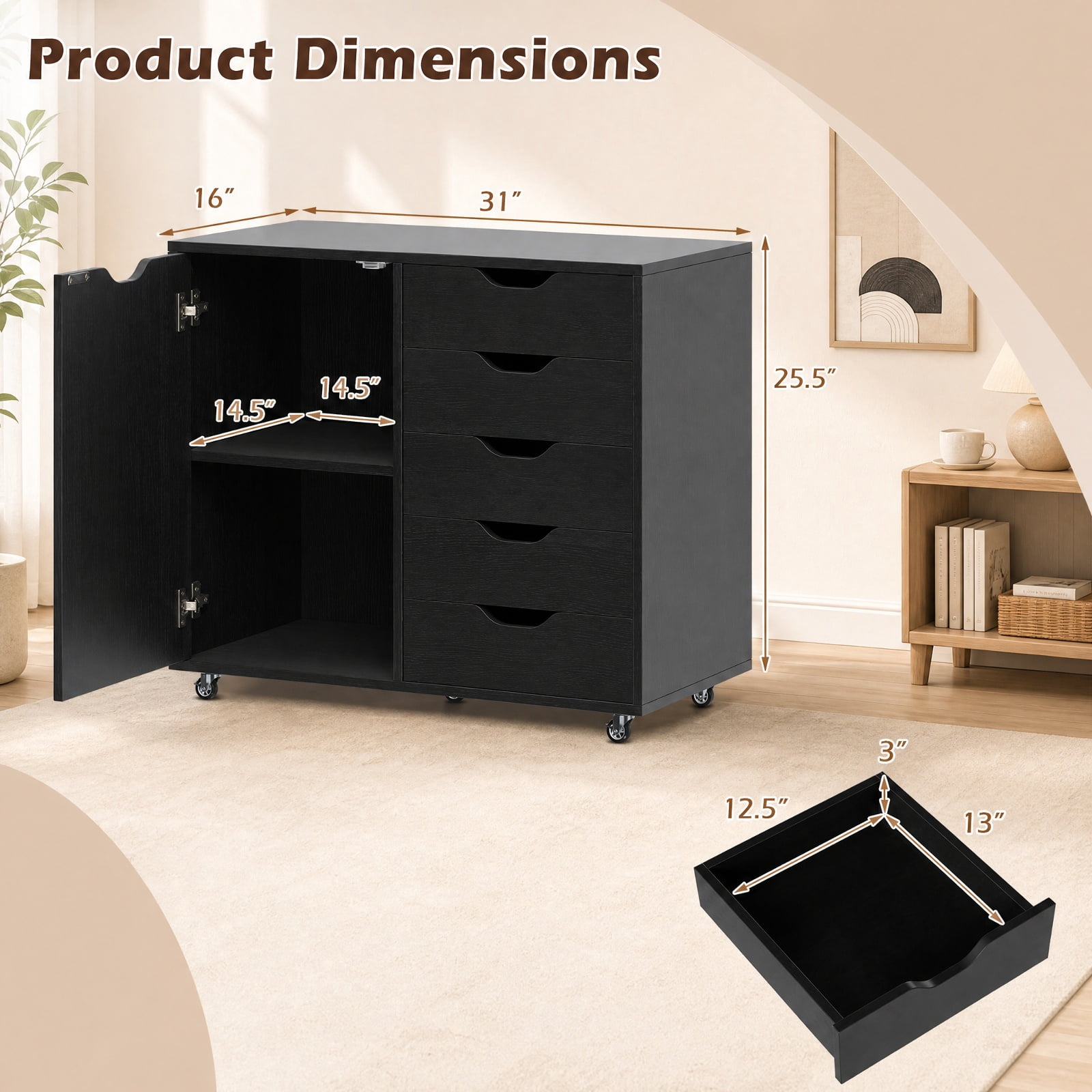 Furnibear 5-Drawer Rolling Storage Cart with Side Cabinet for Home Office Filing Document Letter Legal Storage, Black
