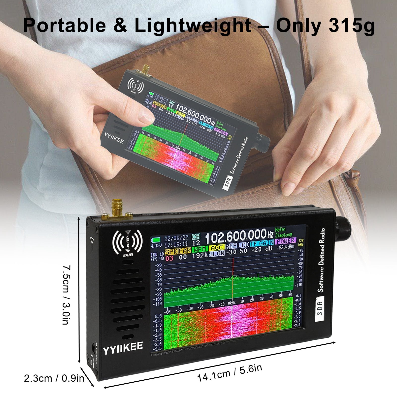 Portable SDR DSP Radio Receiver with 4.3" Touchscreen 100KHz–149MHz Full Band SSB/AM/FM/CW 192kHz Spectrum Waterfall Display Rechargeable 5000mAh Battery Aluminum Alloy Case