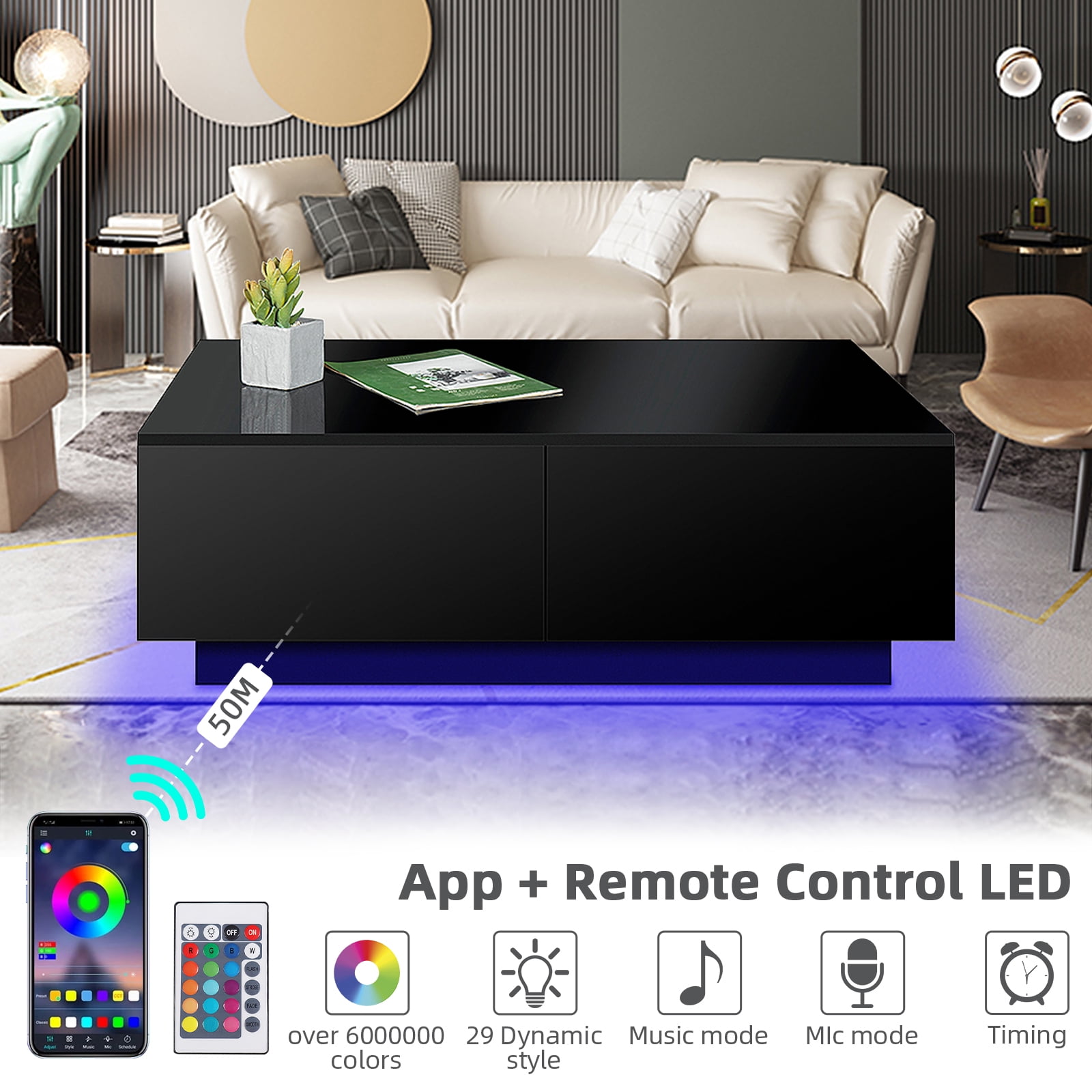Hommpa Rectangular LED Coffee Table with 4 Drawers High Gloss Black Finish Modern Living Room Sofa Side Cocktail End Table 37.4 x 23.6 x 15.4 inches