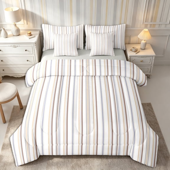 Castle Fairy Minimalist Vertical Stripe 7-Piece Twin Bedding,Geometric Thin Line Bedding Comforter Set,Beige Brown Gray,Reversible