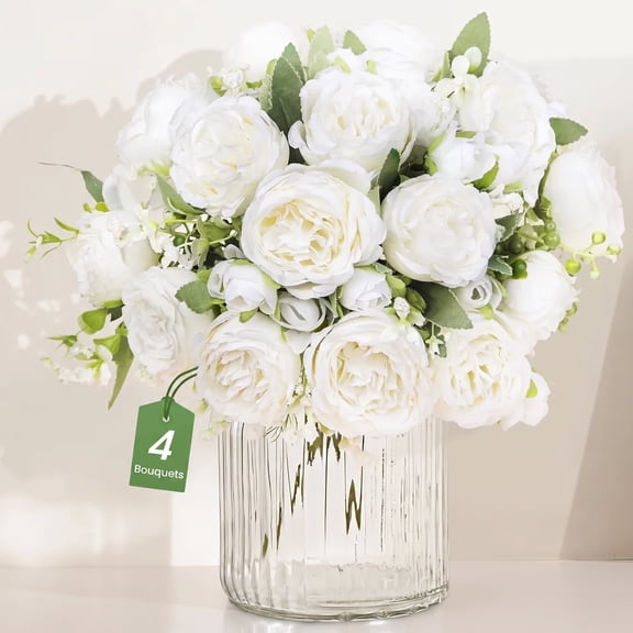 Scidweet 4 Bouquets Artificial Flowers Fake Peonies, Faux Peonies Silk Flowers for Indoor Home Party Table Wedding Decor, White