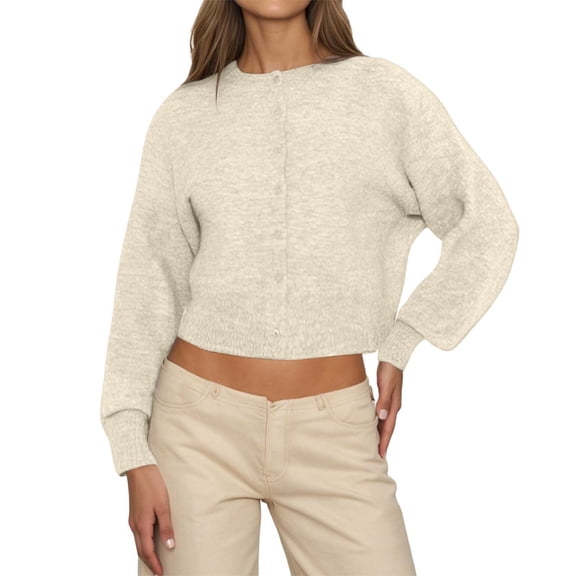 Arlun Womens Cropped Cardigan Sweaters Crew Neck Long Sleeve Button up Sweaters Top Elegant Solid Color Lightweight Knit Open Front Cardigan for Daily Wear