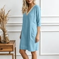thumbnail image 5 of LNWUY Women's Fashion Lace 3/4 Sleeve Cotton Linen Dress Summer Casual Solid Color V-Neck Shift Dress Knee Length Dresses Blue L, 5 of 8