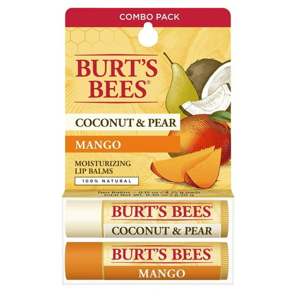 Burts Bees 100% Natural Moisturizing Lip Balm Coconut Pear and Mango with Beeswax Fruit Extracts - 2 Tubes
