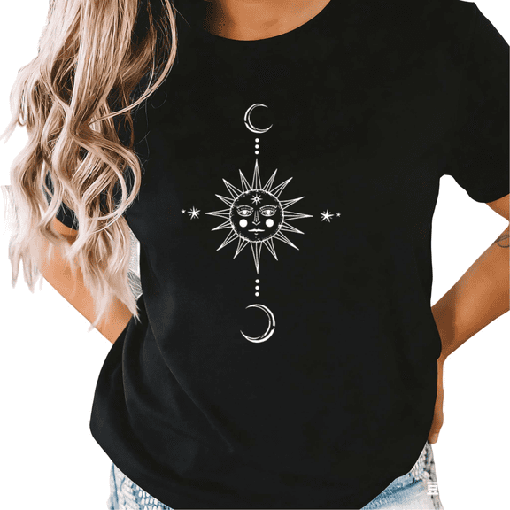 UNISHE Women's Celestial Sun Moon Stars Boho Graphic Short Sleeve T-Shirt Casual Cotton Crewneck Top