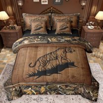 Homewish Jungle Tiger Pattern 7-Piece Bedding Comforter Set,Wild Animal King Bedding Sets,Maple Leaf Bed Sheets For Boys Teens,Breathable Home Decor Reversible