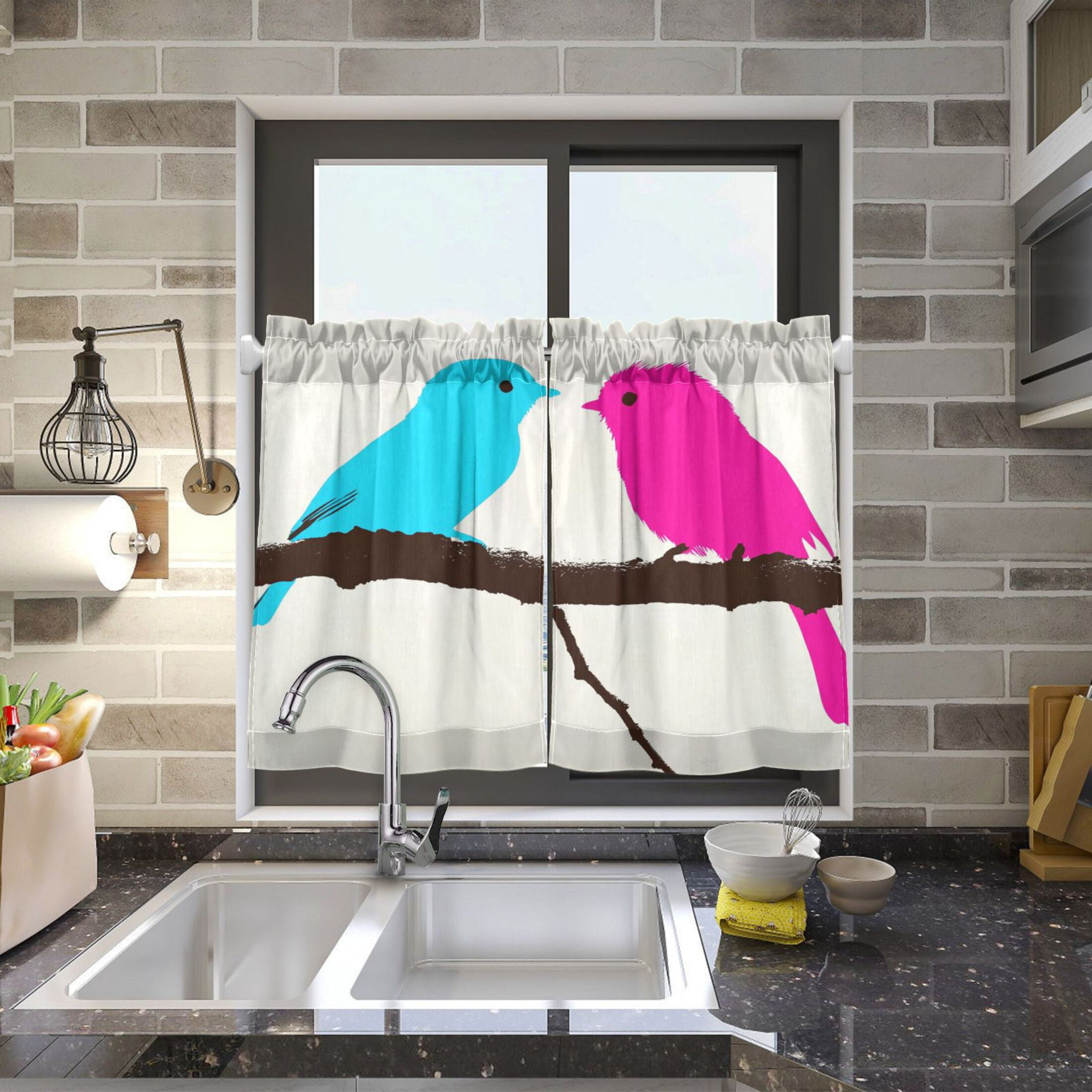Colorful Birds 27"x36" Linen Look Cafe Curtain Set with Privacy and UV Protection