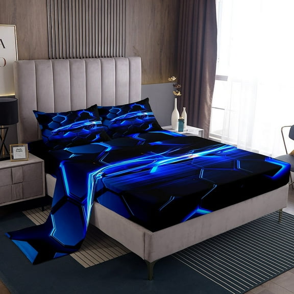 Erosebridal Fast Car Sheet Set Twin,Geometric Honeycomb Bedding Sets Twin Size,Black Blue Twin Sheet Sets,Ultra Soft Ombre Bedroom Decoration,3pcs