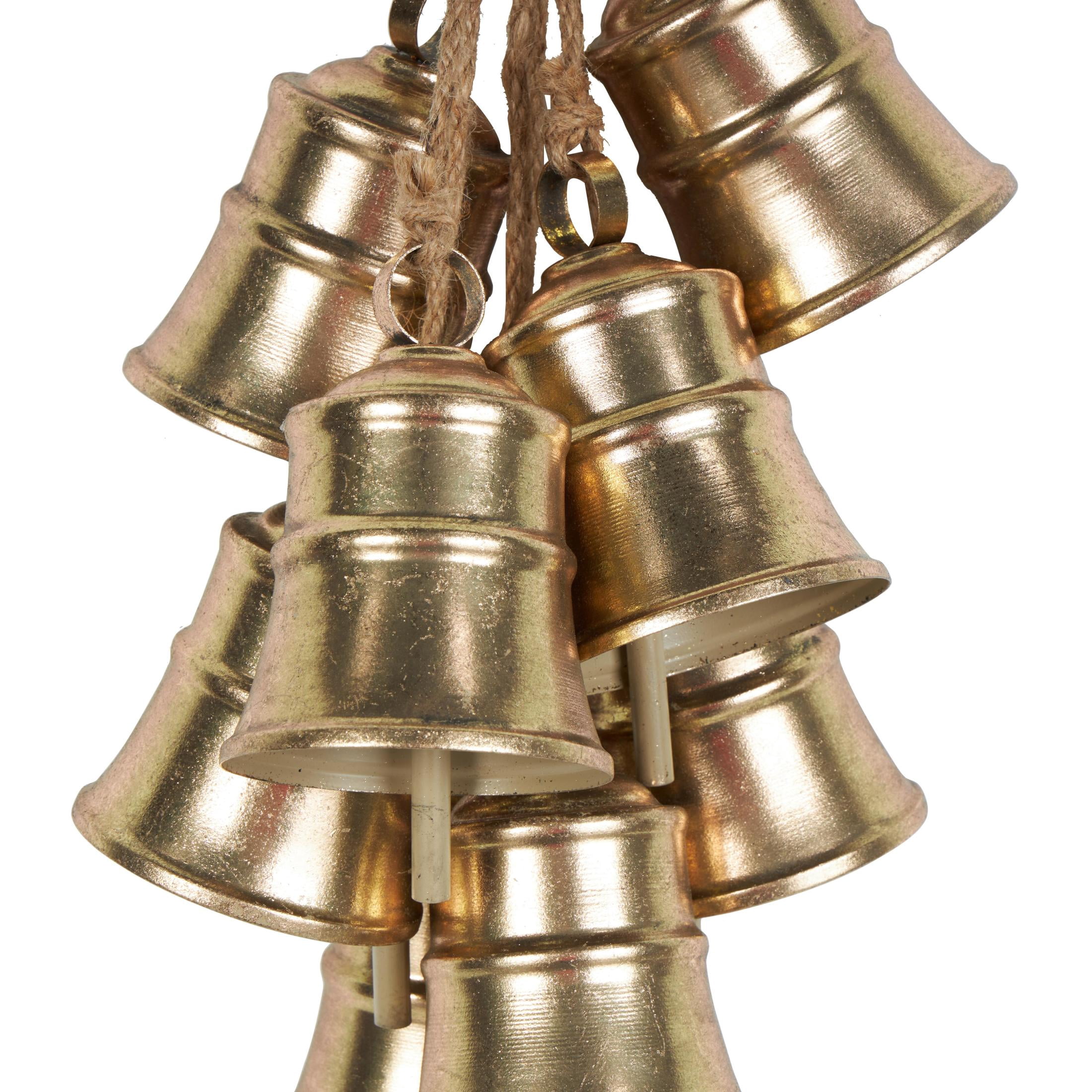 DecMode Tibetan Inspired Cascading Cluster Gold Metal Cluster Decorative Bells with 8 Bells on Jute Hanging Rope