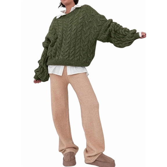 Womens Sweaters Fall Cable Knit Long Sleeve Crewneck Oversized Sweater Chunky Pullover Loose Outfits Green S